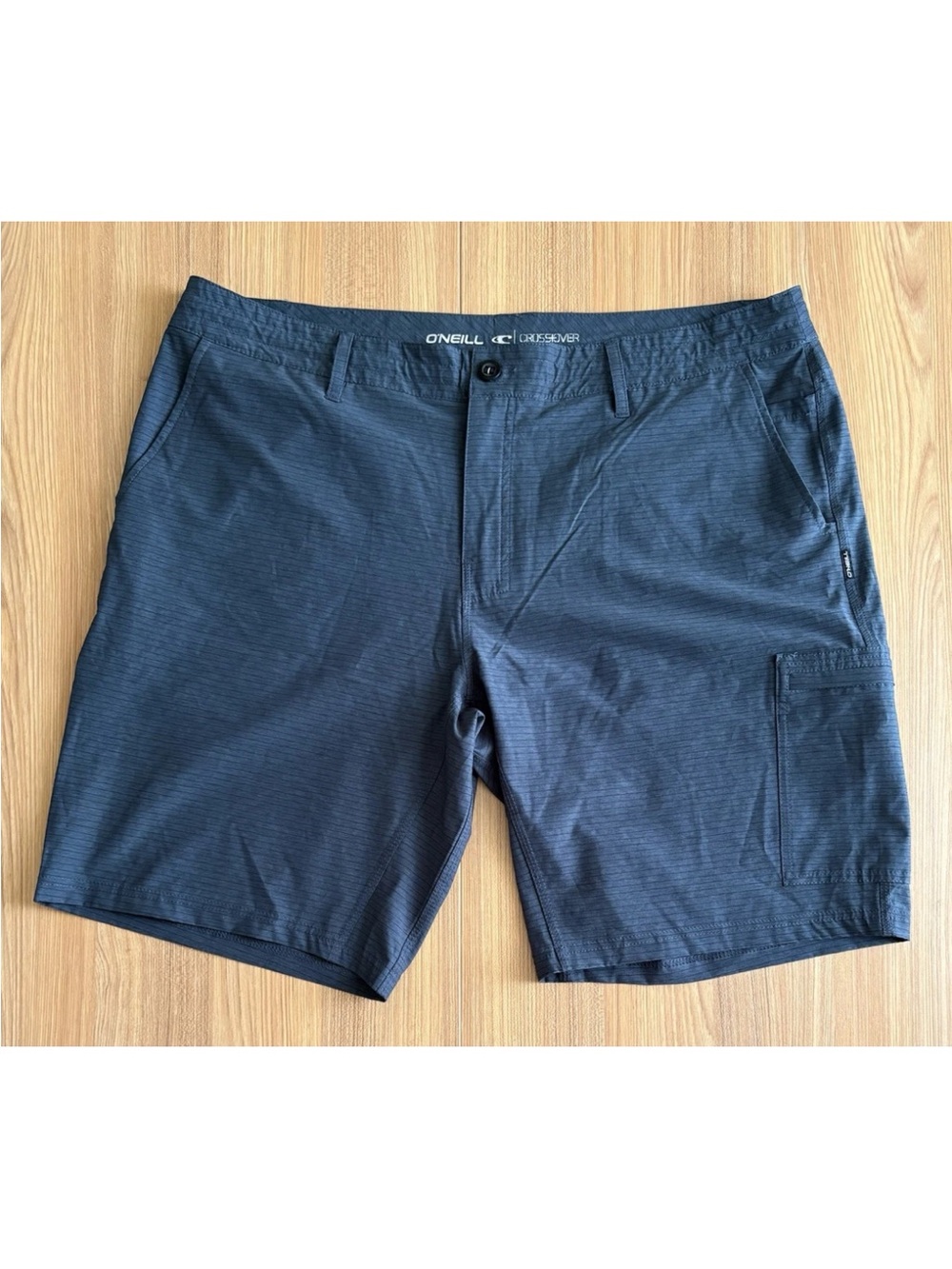 Oneill Crossover Hybrid Shorts Mens 40 Blue Stripe Zip Pockets Stretch Quick Dry